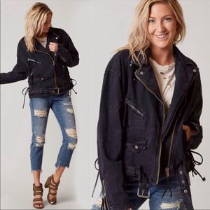 Free People black denim oversized moto jacket